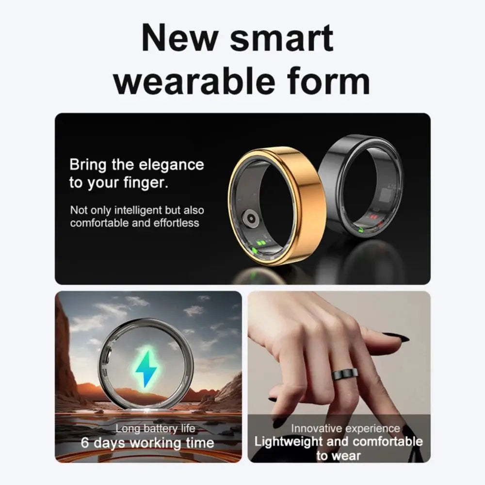 (Gold) Smart Ring Heart Rate Health Monitor, Waterproof. Multi Sport Modes. Blood Oxygen Tracker. For Men/Women