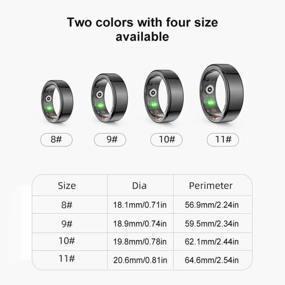 (BLACK) Smart Ring Heart Rate Health Monitor, Waterproof. Multi Sport Modes. Blood Oxygen Tracker. For Men/Women